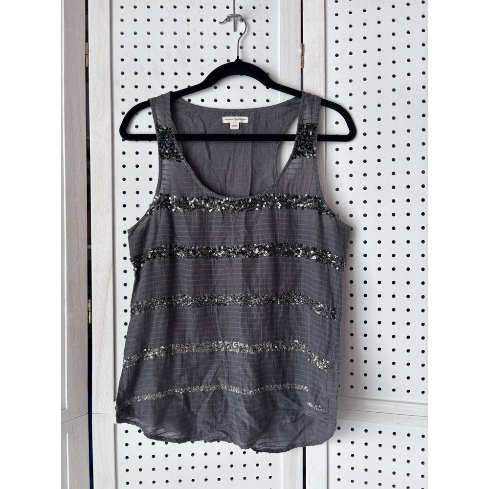 American Eagle Outfitters Black & Gray Sequin Tank Top Size 8 Cotton Rayon‎